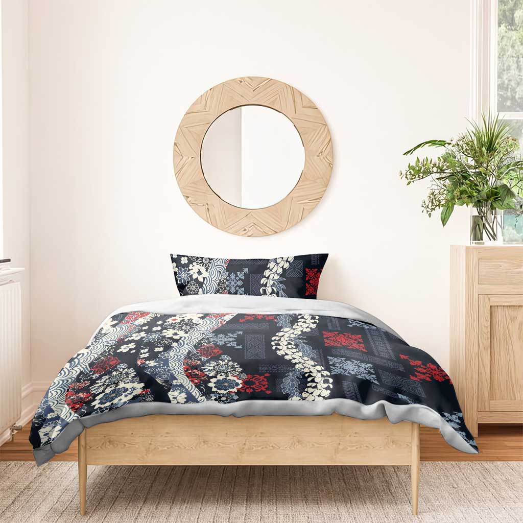 Hawaii Puakenikeni and Maile Lei Bedding Set Navy Blue Japanese Wave Style - Polynesian Pride