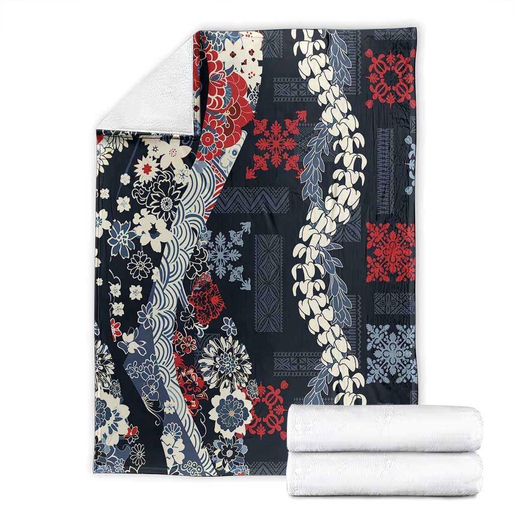 Hawaii Puakenikeni and Maile Lei Blanket Navy Blue Japanese Wave Style - Polynesian Pride