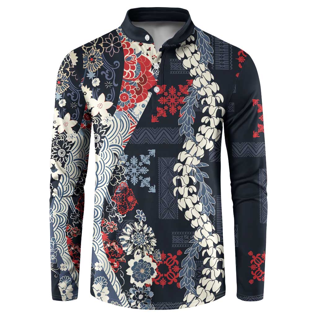 Hawaii Puakenikeni and Maile Lei Button Sweatshirt Navy Blue Japanese Wave Style - Polynesian Pride