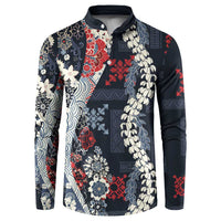 Hawaii Puakenikeni and Maile Lei Button Sweatshirt Navy Blue Japanese Wave Style - Polynesian Pride