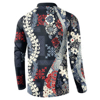 Hawaii Puakenikeni and Maile Lei Button Sweatshirt Navy Blue Japanese Wave Style - Polynesian Pride
