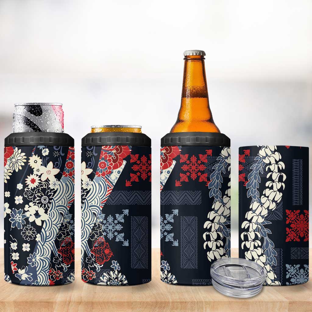 Hawaii Puakenikeni and Maile Lei 4 in 1 Can Cooler Tumbler Navy Blue Japanese Wave Style LT9 - Polynesian Pride