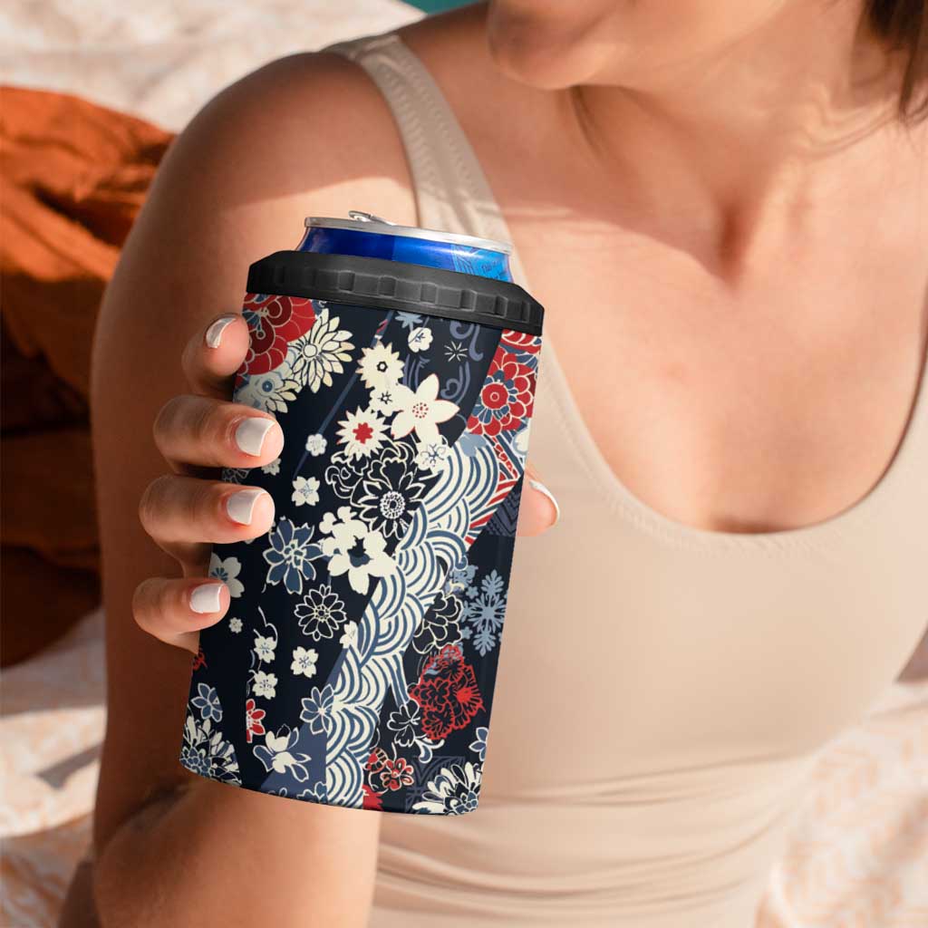 Hawaii Puakenikeni and Maile Lei 4 in 1 Can Cooler Tumbler Navy Blue Japanese Wave Style LT9 - Polynesian Pride