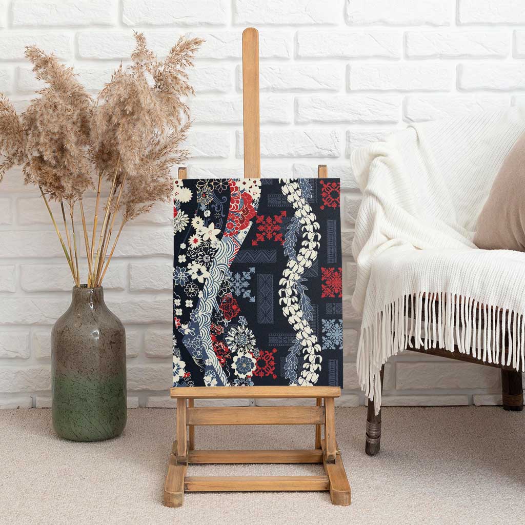 Hawaii Puakenikeni and Maile Lei Canvas Wall Art Navy Blue Japanese Wave Style - Polynesian Pride