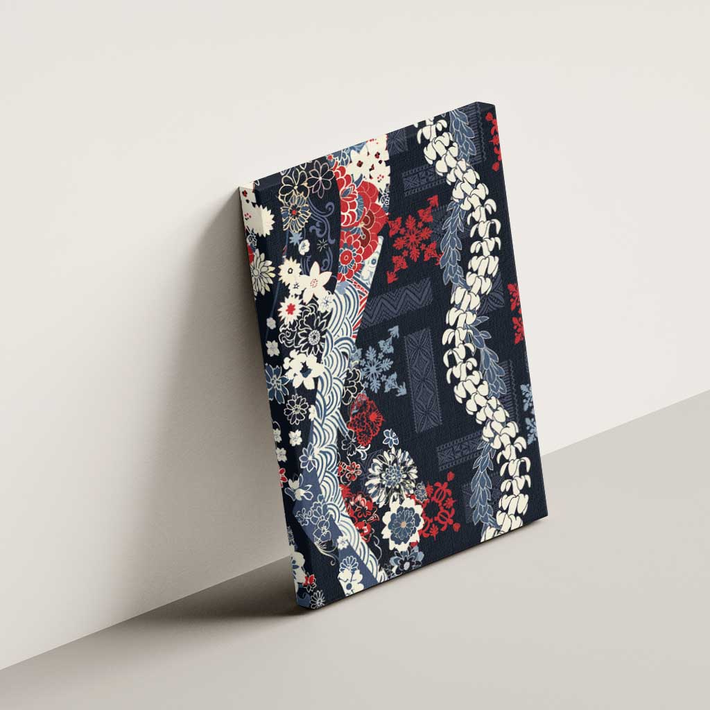 Hawaii Puakenikeni and Maile Lei Canvas Wall Art Navy Blue Japanese Wave Style - Polynesian Pride