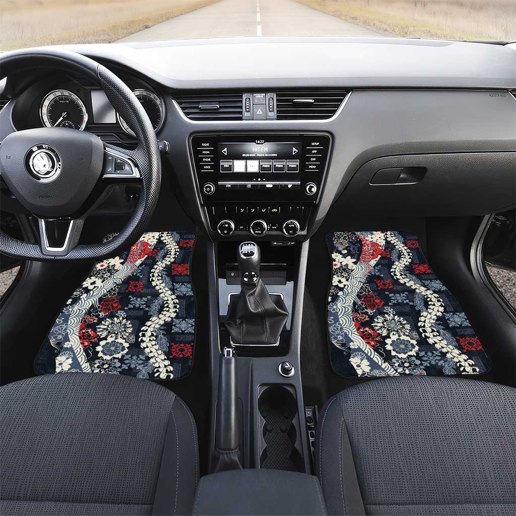 Hawaii Puakenikeni and Maile Lei Car Mats Navy Blue Japanese Wave Style - Polynesian Pride