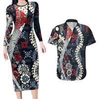 Hawaii Puakenikeni and Maile Lei Couples Matching Long Sleeve Bodycon Dress and Hawaiian Shirt Navy Blue Japanese Wave Style LT9 Navy Blue - Polynesian Pride
