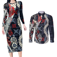Hawaii Puakenikeni and Maile Lei Couples Matching Long Sleeve Bodycon Dress and Long Sleeve Button Shirt Navy Blue Japanese Wave Style LT9 Navy Blue - Polynesian Pride