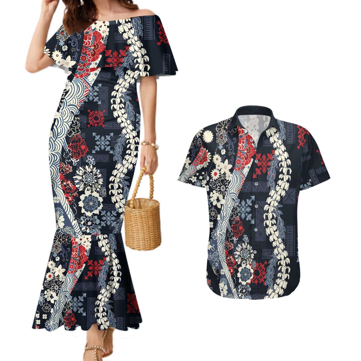 Hawaii Puakenikeni and Maile Lei Couples Matching Mermaid Dress and Hawaiian Shirt Navy Blue Japanese Wave Style LT9 Navy Blue - Polynesian Pride