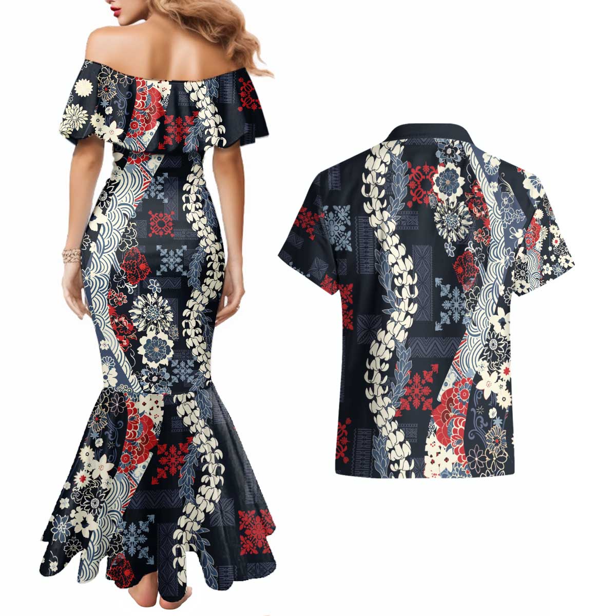 Hawaii Puakenikeni and Maile Lei Couples Matching Mermaid Dress and Hawaiian Shirt Navy Blue Japanese Wave Style LT9 - Polynesian Pride