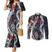 Hawaii Puakenikeni and Maile Lei Couples Matching Mermaid Dress and Long Sleeve Button Shirt Navy Blue Japanese Wave Style LT9 Navy Blue - Polynesian Pride