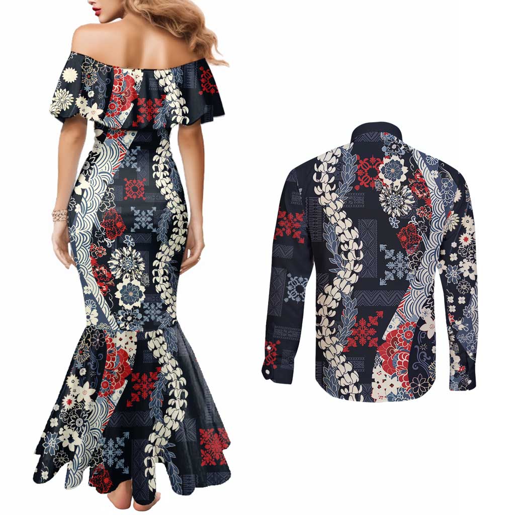 Hawaii Puakenikeni and Maile Lei Couples Matching Mermaid Dress and Long Sleeve Button Shirt Navy Blue Japanese Wave Style LT9 - Polynesian Pride