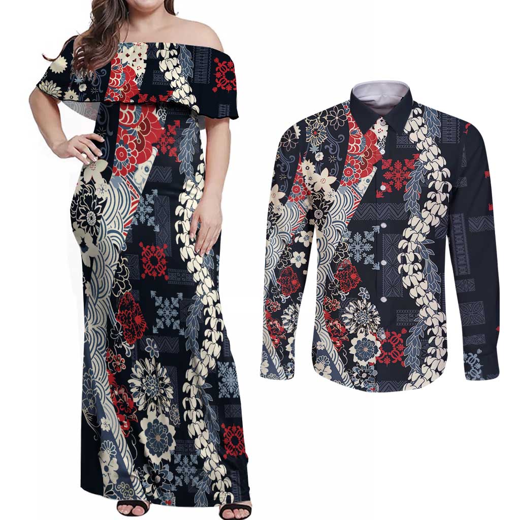 Hawaii Puakenikeni and Maile Lei Couples Matching Off Shoulder Maxi Dress and Long Sleeve Button Shirt Navy Blue Japanese Wave Style LT9 Navy Blue - Polynesian Pride
