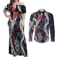Hawaii Puakenikeni and Maile Lei Couples Matching Off Shoulder Maxi Dress and Long Sleeve Button Shirt Navy Blue Japanese Wave Style LT9 Navy Blue - Polynesian Pride