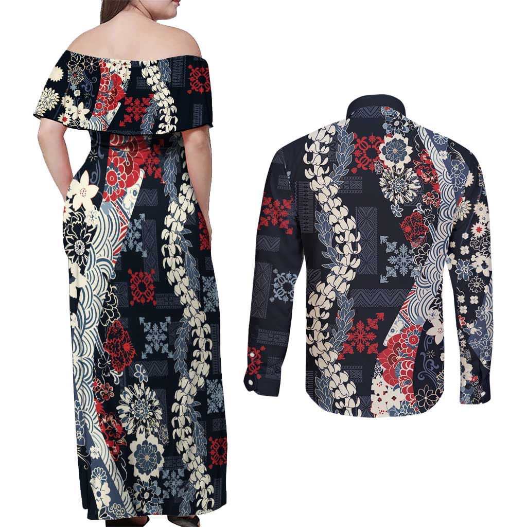 Hawaii Puakenikeni and Maile Lei Couples Matching Off Shoulder Maxi Dress and Long Sleeve Button Shirt Navy Blue Japanese Wave Style LT9 - Polynesian Pride