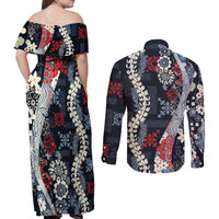 Hawaii Puakenikeni and Maile Lei Couples Matching Off Shoulder Maxi Dress and Long Sleeve Button Shirt Navy Blue Japanese Wave Style LT9 - Polynesian Pride