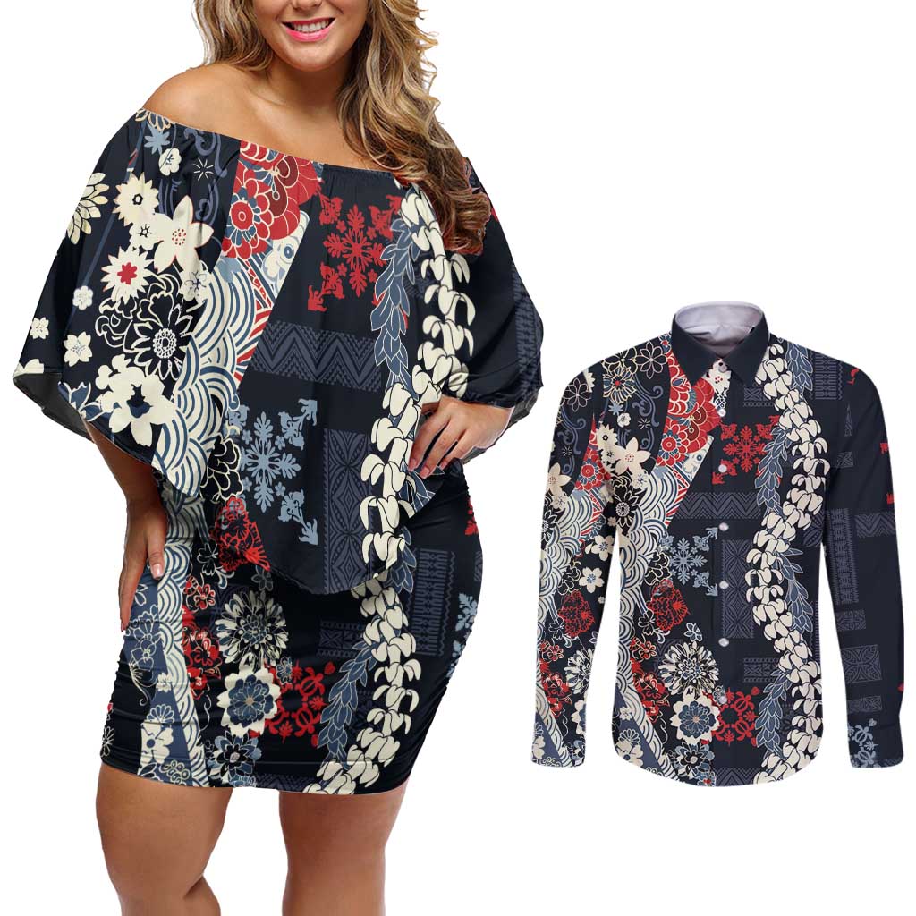 Hawaii Puakenikeni and Maile Lei Couples Matching Off Shoulder Short Dress and Long Sleeve Button Shirt Navy Blue Japanese Wave Style LT9 Navy Blue - Polynesian Pride