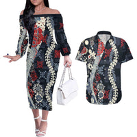 Hawaii Puakenikeni and Maile Lei Couples Matching Off The Shoulder Long Sleeve Dress and Hawaiian Shirt Navy Blue Japanese Wave Style LT9 Navy Blue - Polynesian Pride