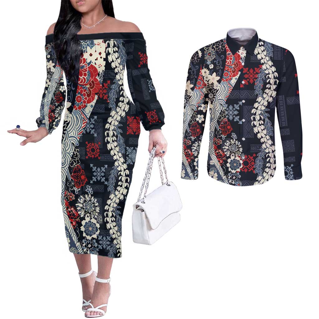 Hawaii Puakenikeni and Maile Lei Couples Matching Off The Shoulder Long Sleeve Dress and Long Sleeve Button Shirt Navy Blue Japanese Wave Style LT9 Navy Blue - Polynesian Pride