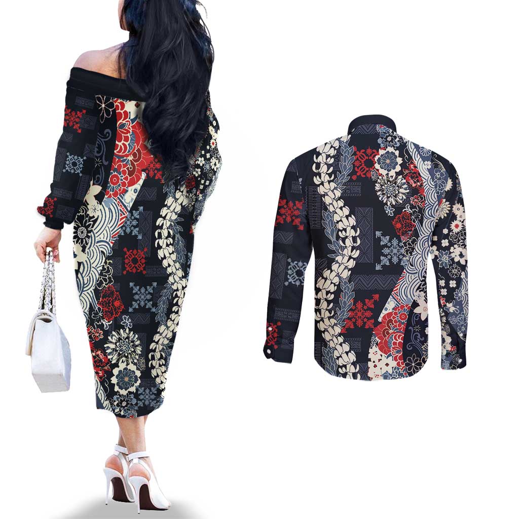 Hawaii Puakenikeni and Maile Lei Couples Matching Off The Shoulder Long Sleeve Dress and Long Sleeve Button Shirt Navy Blue Japanese Wave Style LT9 - Polynesian Pride