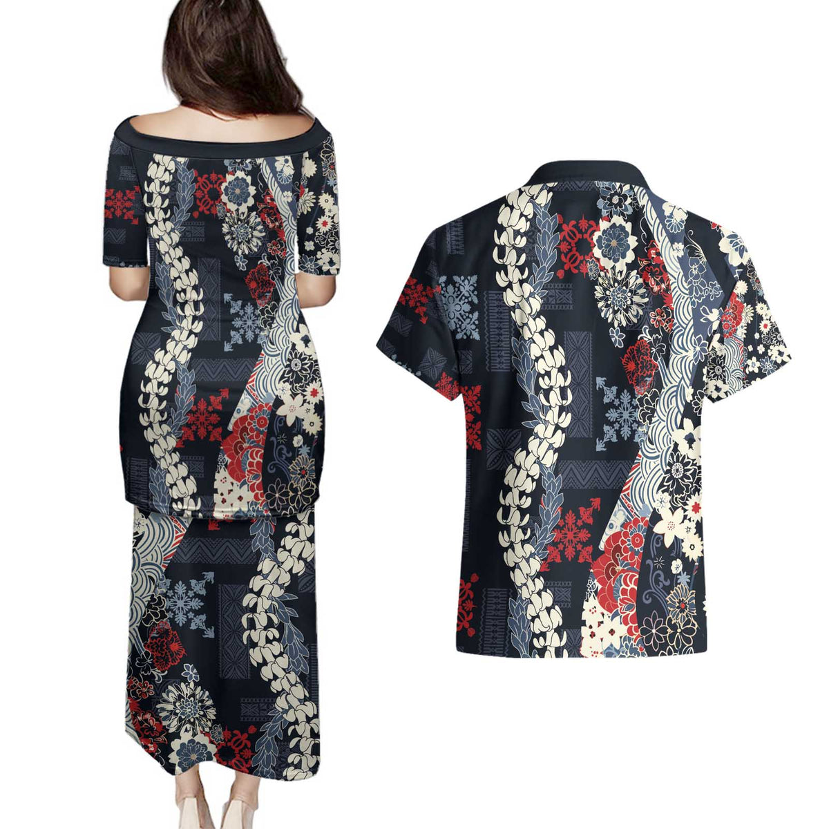 Hawaii Puakenikeni and Maile Lei Couples Matching Puletasi and Hawaiian Shirt Navy Blue Japanese Wave Style LT9 - Polynesian Pride