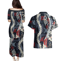 Hawaii Puakenikeni and Maile Lei Couples Matching Puletasi and Hawaiian Shirt Navy Blue Japanese Wave Style LT9 - Polynesian Pride