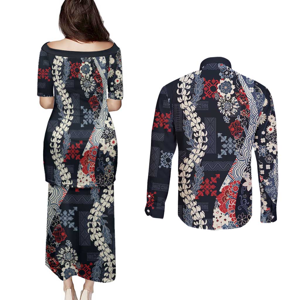 Hawaii Puakenikeni and Maile Lei Couples Matching Puletasi and Long Sleeve Button Shirt Navy Blue Japanese Wave Style LT9 - Polynesian Pride