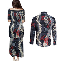 Hawaii Puakenikeni and Maile Lei Couples Matching Puletasi and Long Sleeve Button Shirt Navy Blue Japanese Wave Style LT9 - Polynesian Pride