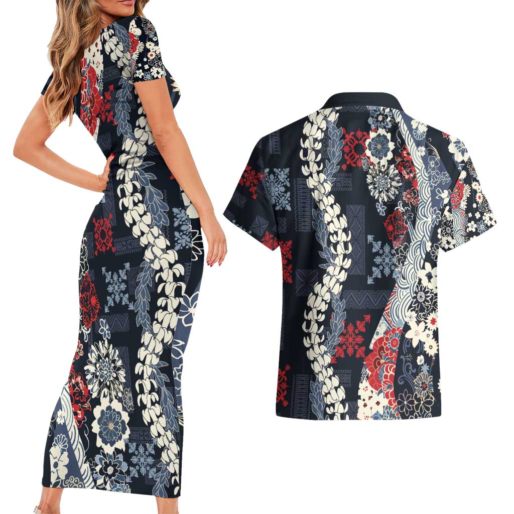 Hawaii Puakenikeni and Maile Lei Couples Matching Short Sleeve Bodycon Dress and Hawaiian Shirt Navy Blue Japanese Wave Style LT9 - Polynesian Pride
