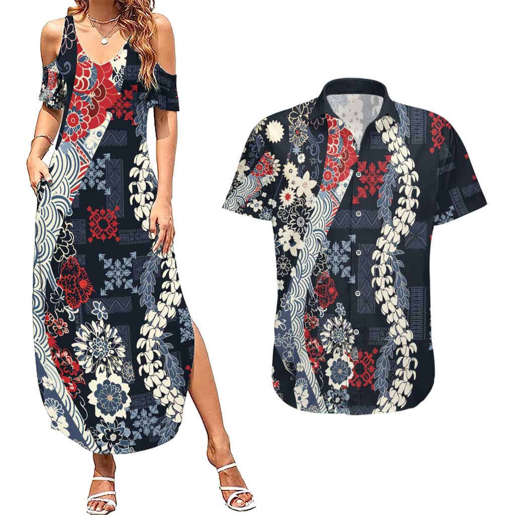 Hawaii Puakenikeni and Maile Lei Couples Matching Summer Maxi Dress and Hawaiian Shirt Navy Blue Japanese Wave Style LT9 Navy Blue - Polynesian Pride
