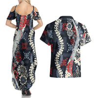 Hawaii Puakenikeni and Maile Lei Couples Matching Summer Maxi Dress and Hawaiian Shirt Navy Blue Japanese Wave Style LT9 - Polynesian Pride