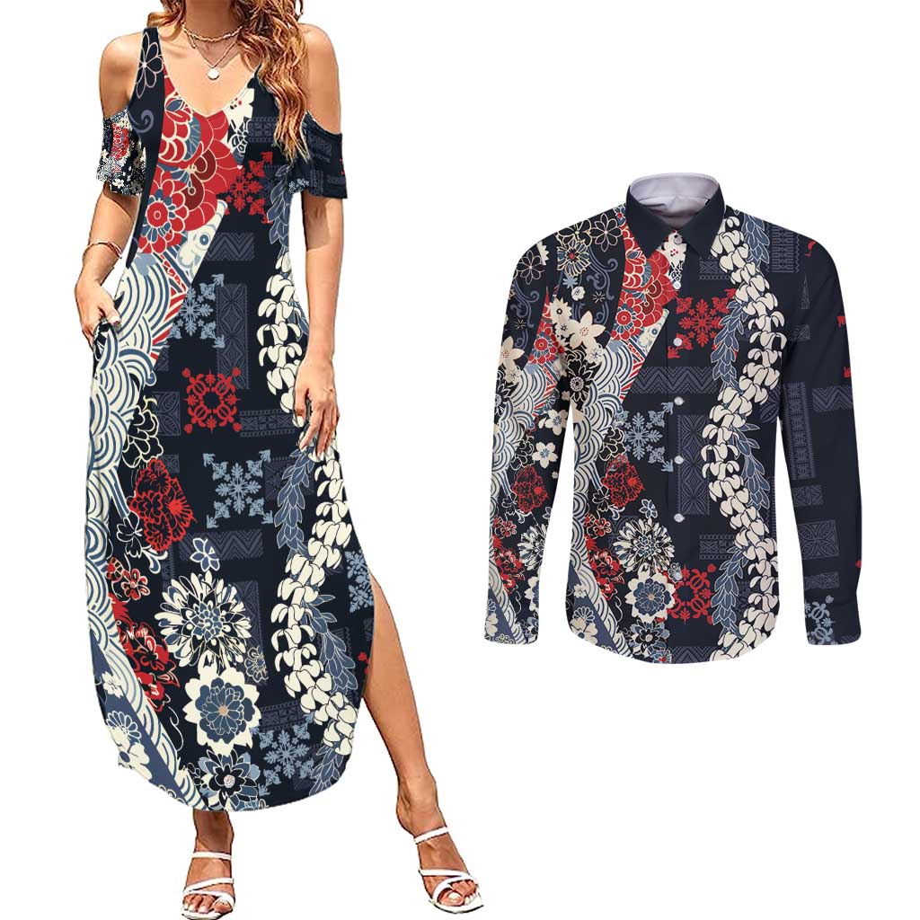 Hawaii Puakenikeni and Maile Lei Couples Matching Summer Maxi Dress and Long Sleeve Button Shirt Navy Blue Japanese Wave Style LT9 Navy Blue - Polynesian Pride