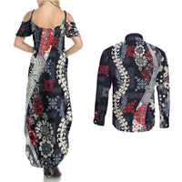 Hawaii Puakenikeni and Maile Lei Couples Matching Summer Maxi Dress and Long Sleeve Button Shirt Navy Blue Japanese Wave Style LT9 - Polynesian Pride