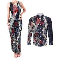 Hawaii Puakenikeni and Maile Lei Couples Matching Tank Maxi Dress and Long Sleeve Button Shirt Navy Blue Japanese Wave Style LT9 Navy Blue - Polynesian Pride
