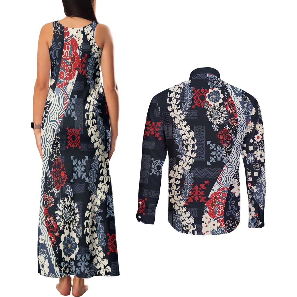 Hawaii Puakenikeni and Maile Lei Couples Matching Tank Maxi Dress and Long Sleeve Button Shirt Navy Blue Japanese Wave Style LT9 - Polynesian Pride