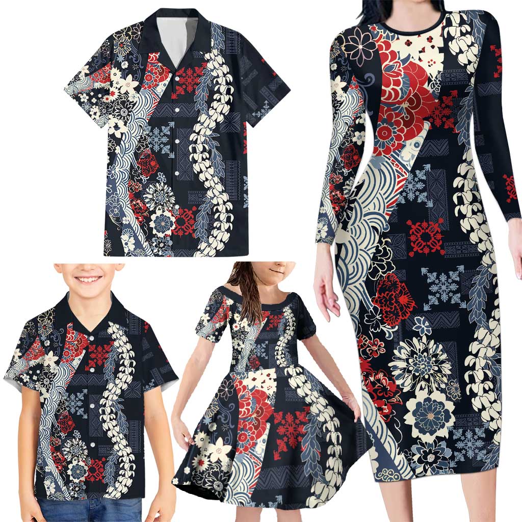 Hawaii Puakenikeni and Maile Lei Family Matching Long Sleeve Bodycon Dress and Hawaiian Shirt Navy Blue Japanese Wave Style LT9 - Polynesian Pride