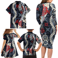 Hawaii Puakenikeni and Maile Lei Family Matching Long Sleeve Bodycon Dress and Hawaiian Shirt Navy Blue Japanese Wave Style LT9 - Polynesian Pride