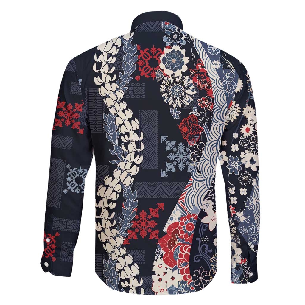 Hawaii Puakenikeni and Maile Lei Family Matching Long Sleeve Bodycon Dress and Hawaiian Shirt Navy Blue Japanese Wave Style LT9 - Polynesian Pride