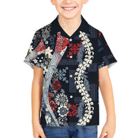Hawaii Puakenikeni and Maile Lei Family Matching Long Sleeve Bodycon Dress and Hawaiian Shirt Navy Blue Japanese Wave Style LT9 Son's Shirt Navy Blue - Polynesian Pride