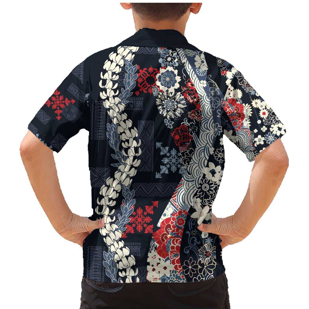 Hawaii Puakenikeni and Maile Lei Family Matching Mermaid Dress and Hawaiian Shirt Navy Blue Japanese Wave Style LT9 - Polynesian Pride