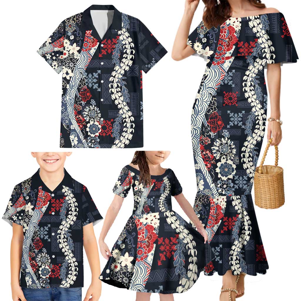 Hawaii Puakenikeni and Maile Lei Family Matching Mermaid Dress and Hawaiian Shirt Navy Blue Japanese Wave Style LT9 - Polynesian Pride