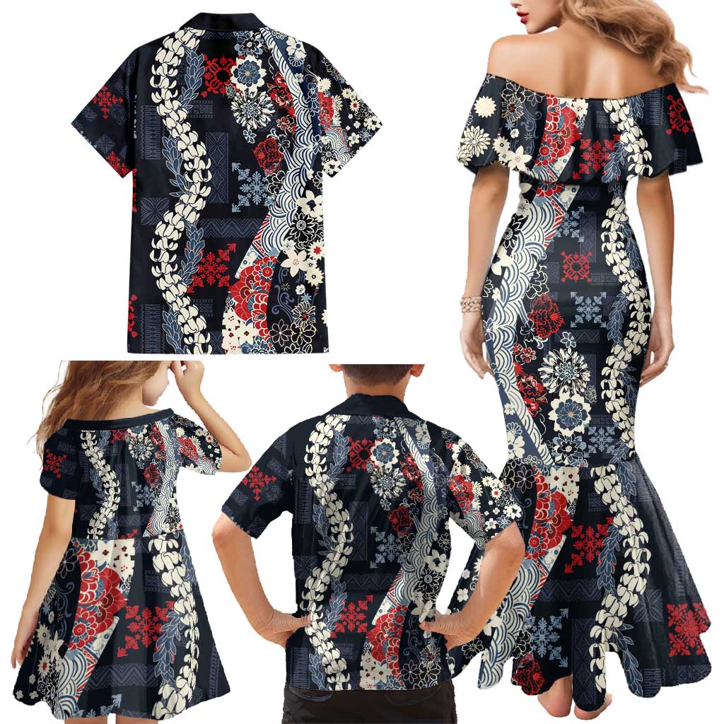 Hawaii Puakenikeni and Maile Lei Family Matching Mermaid Dress and Hawaiian Shirt Navy Blue Japanese Wave Style LT9 - Polynesian Pride