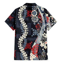 Hawaii Puakenikeni and Maile Lei Family Matching Mermaid Dress and Hawaiian Shirt Navy Blue Japanese Wave Style LT9 - Polynesian Pride