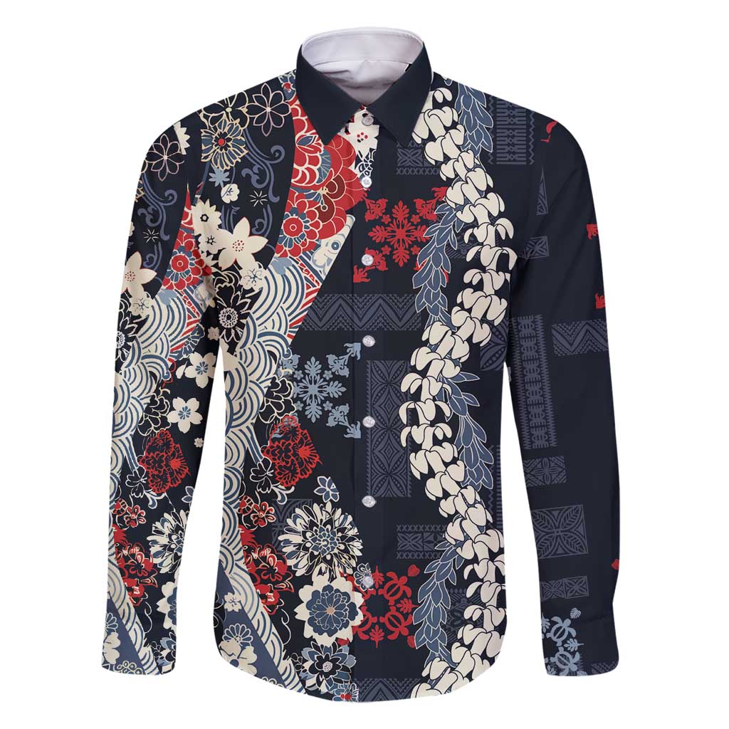 Hawaii Puakenikeni and Maile Lei Family Matching Mermaid Dress and Hawaiian Shirt Navy Blue Japanese Wave Style LT9 Dad's Shirt - Long Sleeve Navy Blue - Polynesian Pride