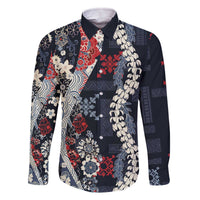 Hawaii Puakenikeni and Maile Lei Family Matching Off The Shoulder Long Sleeve Dress and Hawaiian Shirt Navy Blue Japanese Wave Style LT9 Dad's Shirt - Long Sleeve Navy Blue - Polynesian Pride