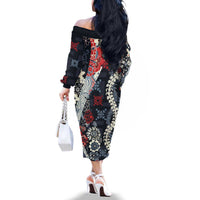 Hawaii Puakenikeni and Maile Lei Family Matching Off The Shoulder Long Sleeve Dress and Hawaiian Shirt Navy Blue Japanese Wave Style LT9 - Polynesian Pride