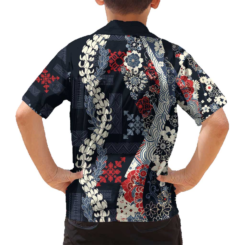 Hawaii Puakenikeni and Maile Lei Family Matching Off Shoulder Maxi Dress and Hawaiian Shirt Navy Blue Japanese Wave Style LT9 - Polynesian Pride