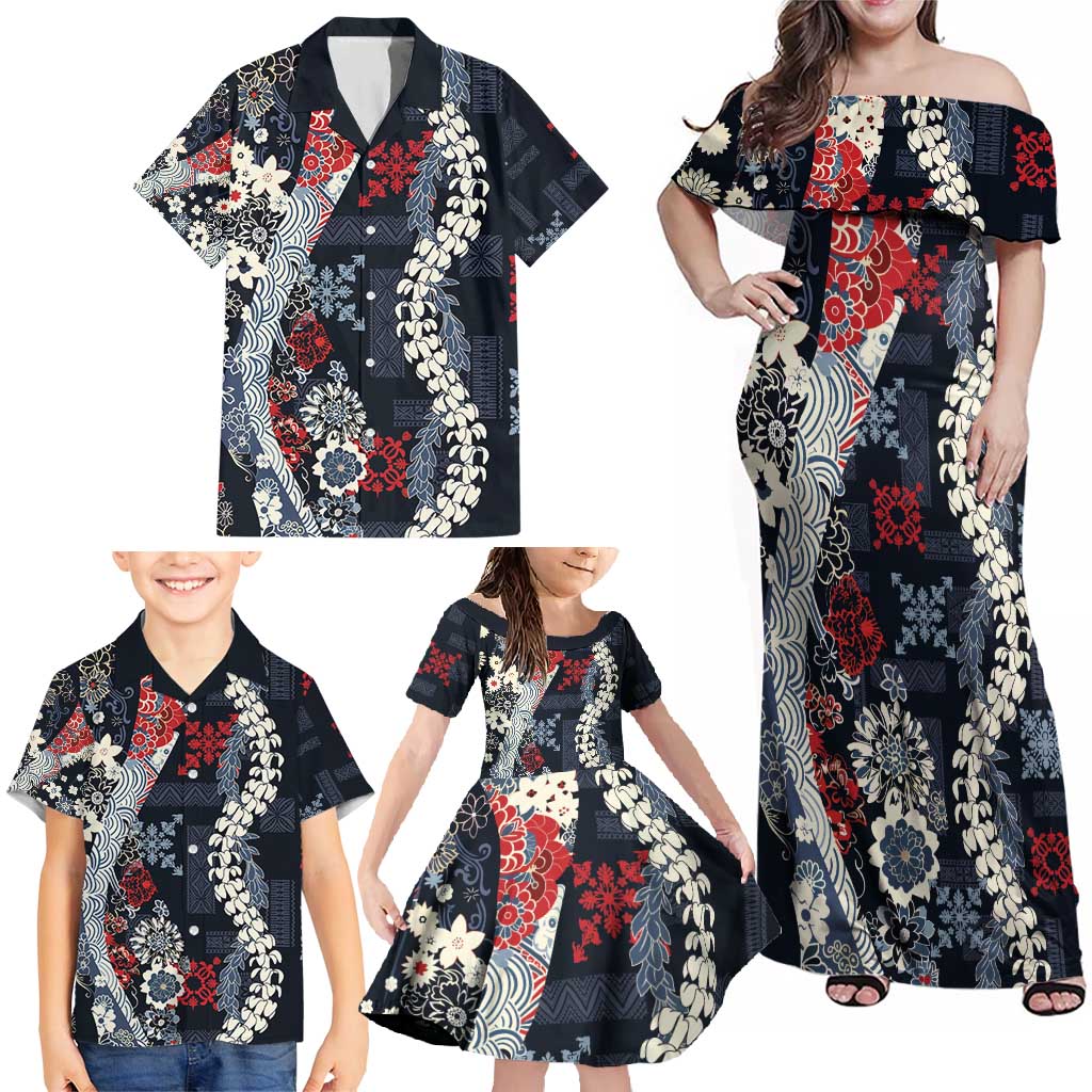 Hawaii Puakenikeni and Maile Lei Family Matching Off Shoulder Maxi Dress and Hawaiian Shirt Navy Blue Japanese Wave Style LT9 - Polynesian Pride