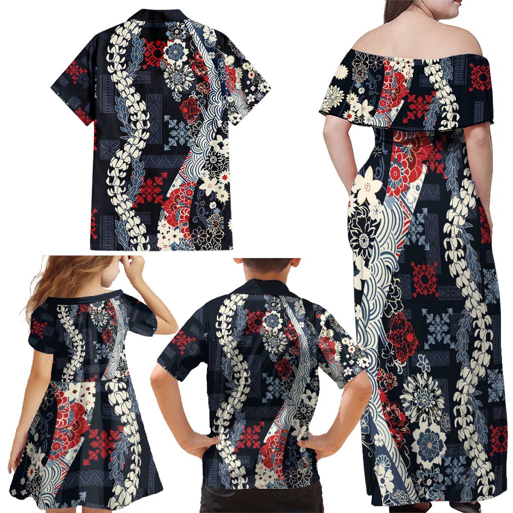 Hawaii Puakenikeni and Maile Lei Family Matching Off Shoulder Maxi Dress and Hawaiian Shirt Navy Blue Japanese Wave Style LT9 - Polynesian Pride
