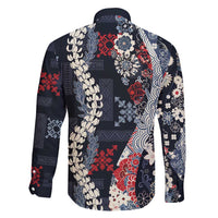 Hawaii Puakenikeni and Maile Lei Family Matching Off Shoulder Maxi Dress and Hawaiian Shirt Navy Blue Japanese Wave Style LT9 - Polynesian Pride